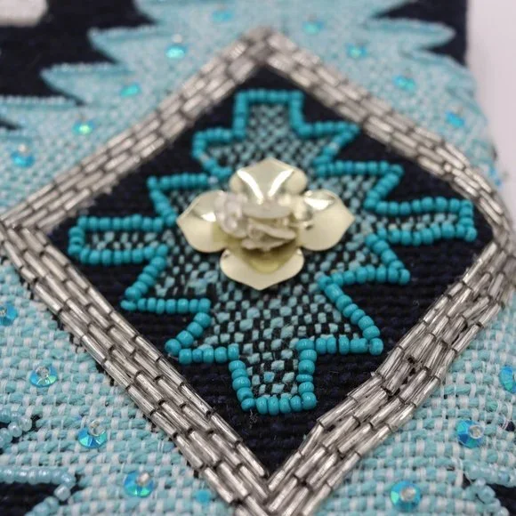 Steven Seed Beaded Bohemian Latken Cowrie Tassel Clutch Bag Blue Zippered Bag - Picture 4 of 15